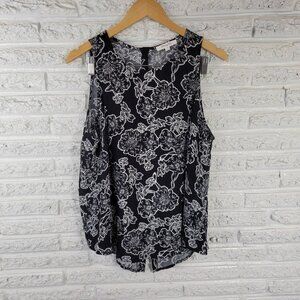Monday Fun Women's 1X Black White Floral Sleeveless Swing Top Split Back FLO315E
